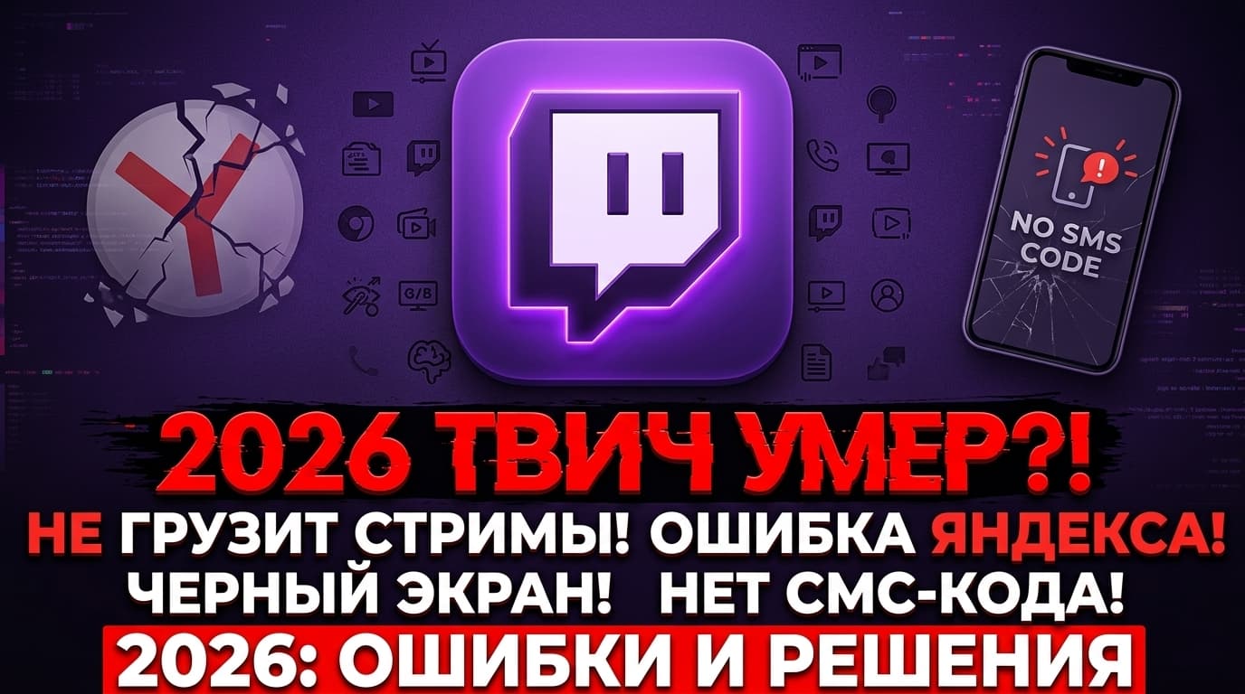 Твич не грузит стримы в 2026: ошибка Яндекс браузера, чёрный экран и не приходит СМС-код
