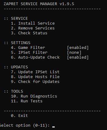 Zapret service manager game filter