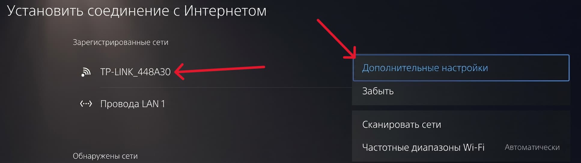 Выбор сети и выбор дополнительних настроек в пс