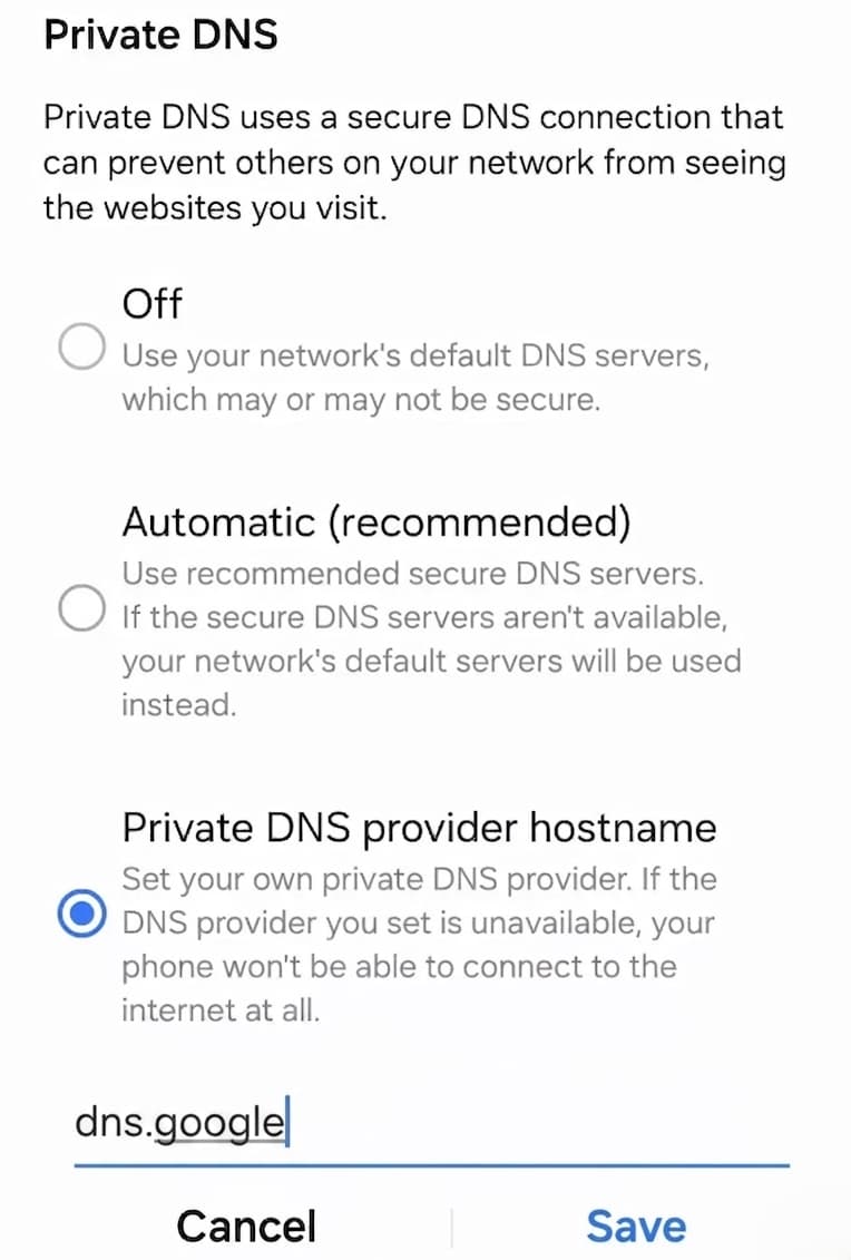 Ввод персонального DNS-сервера Google в настройках смартфона на Android