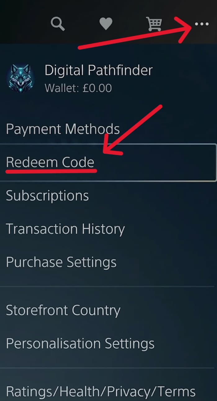 PS Store → троеточие в правом верхнем углу → Погашение кодов (Redeem Code).