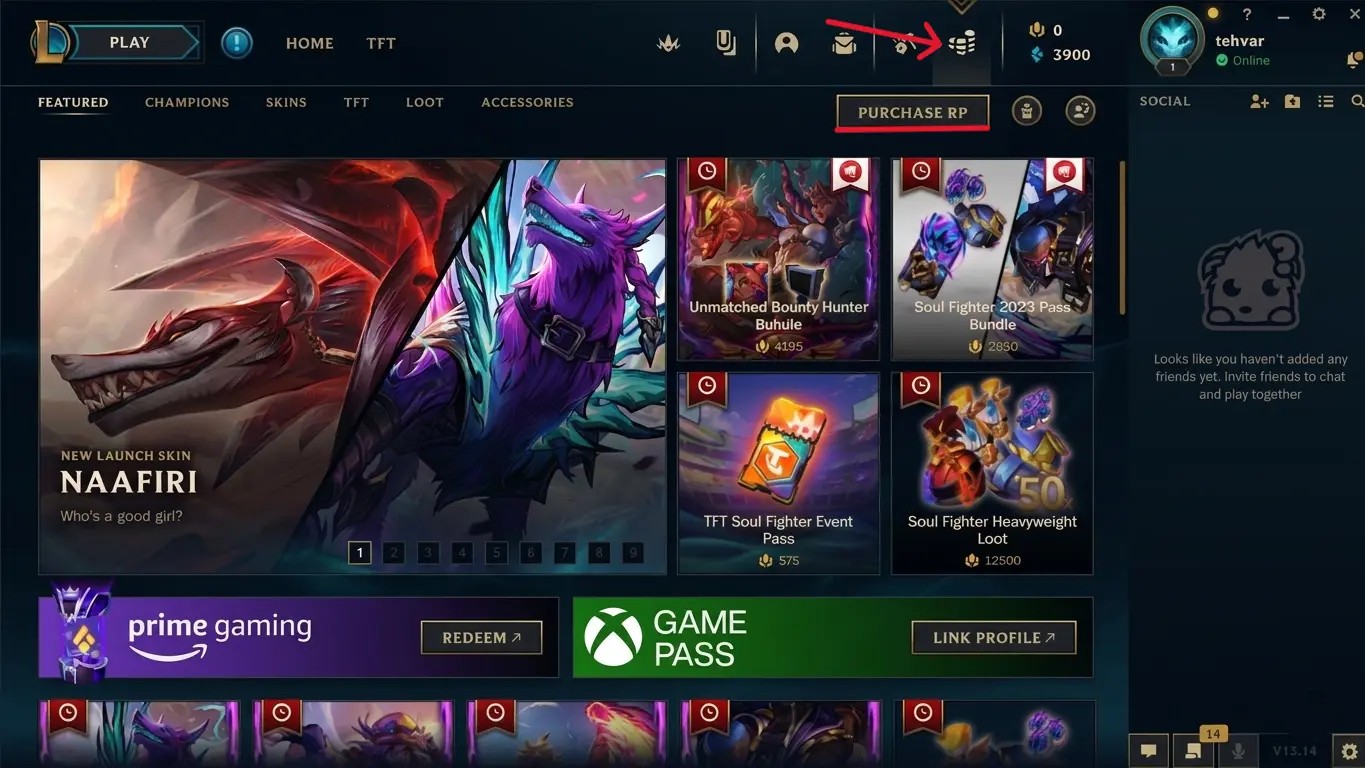 Переход в меню покупки Riot Points во внутриигровом магазине