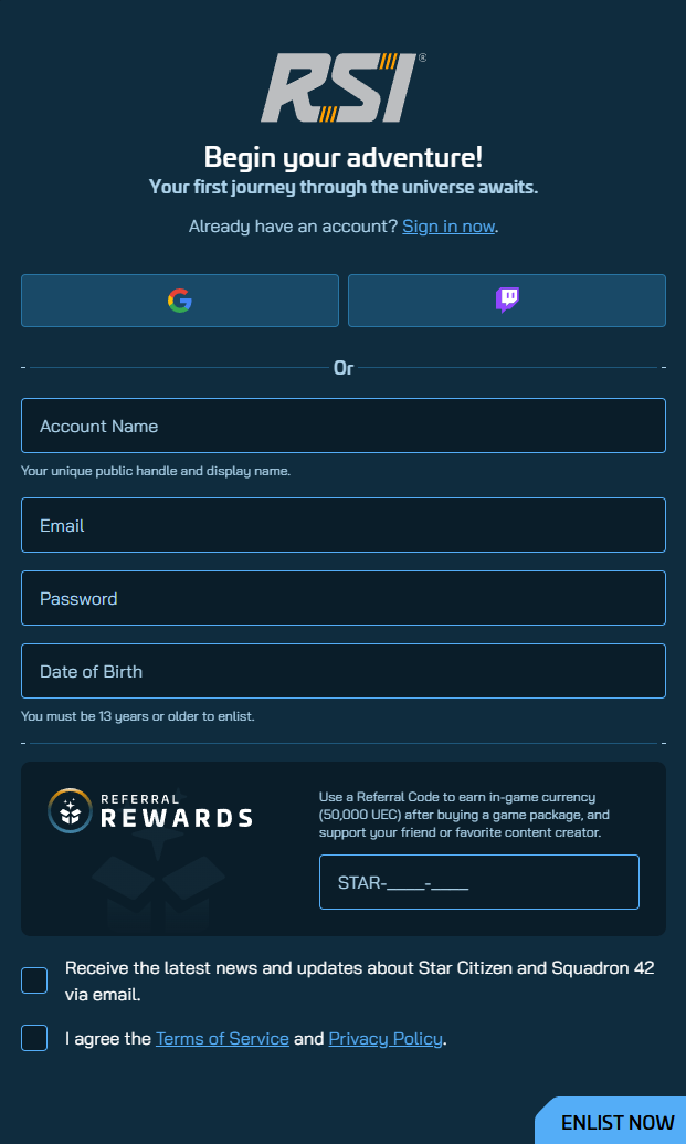 Создание аккаунта star citizen
