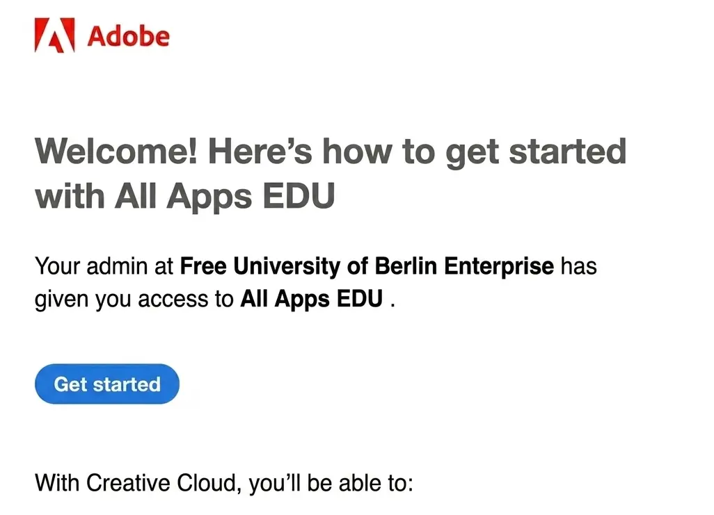 Официальное приглашение в команду Adobe Creative Cloud для активации подписки